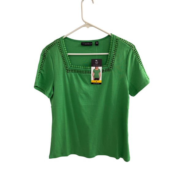 Rafaella Tops - Rafaella Womens Green Square Neck Crochet Trim Cotton Short Sleeve Top M NEW